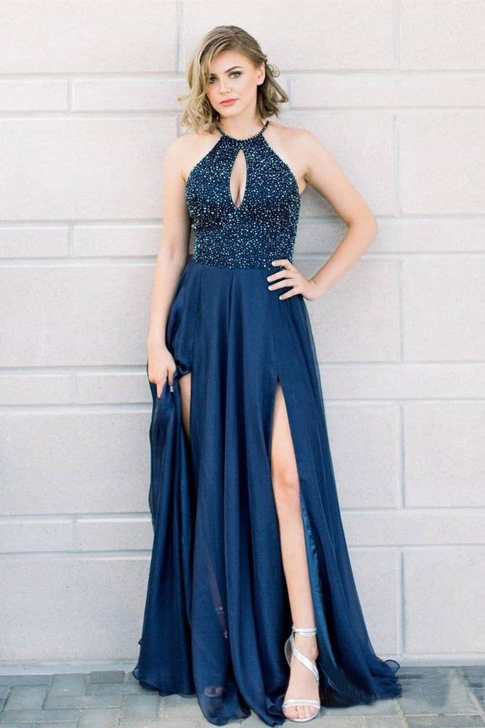 Halter Beaded Navy Blue Long Prom Dresses with Slit Elegant Formal Party Dress DM7