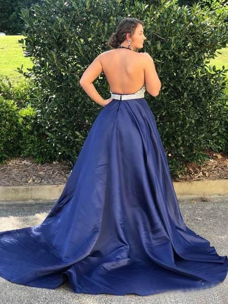 Halter Navy Blue Long Prom Dresses Beaded Backless Evening Dresses DMI25