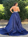 Halter Navy Blue Long Prom Dresses Beaded Backless Evening Dresses DMI25