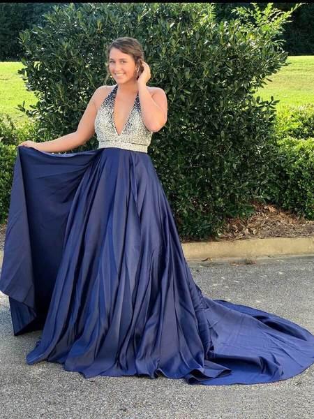 Halter Navy Blue Long Prom Dresses Beaded Backless Evening Dresses DMI25