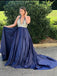 Halter Navy Blue Long Prom Dresses Beaded Backless Evening Dresses DMI25