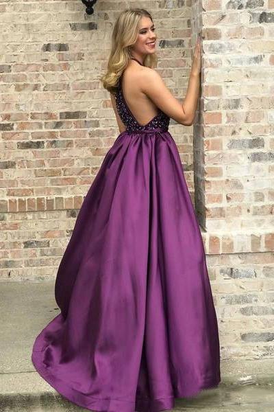 Halter Purple Long Satin Prom Dresses Beaded Junior Evening Gown 2019 DMI6