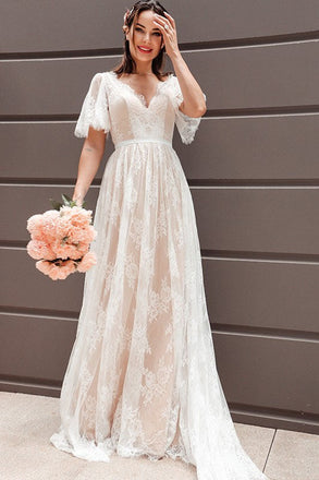 A-Line/Princess Short Sleeves Lace V-neck Boho Wedding Dresses Beach Wedding Dress DM1827