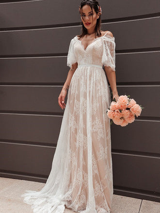 A-Line/Princess Short Sleeves Lace V-neck Boho Wedding Dresses Beach Wedding Dress DM1827