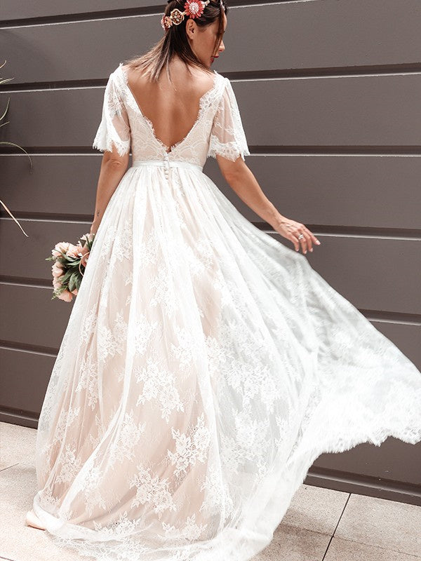 A-Line/Princess Short Sleeves Lace V-neck Boho Wedding Dresses Beach Wedding Dress DM1827
