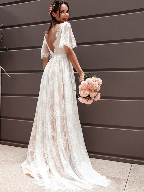 A-Line/Princess Short Sleeves Lace V-neck Boho Wedding Dresses Beach Wedding Dress DM1827