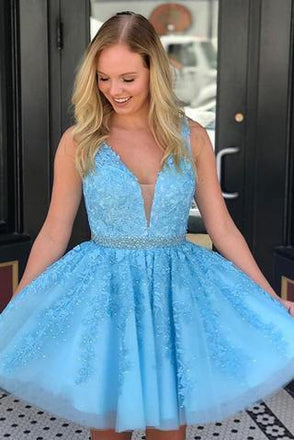 Blue Appliques Beaded Sleeveless A Line Tulle Short Homecoming Dresses DMO78