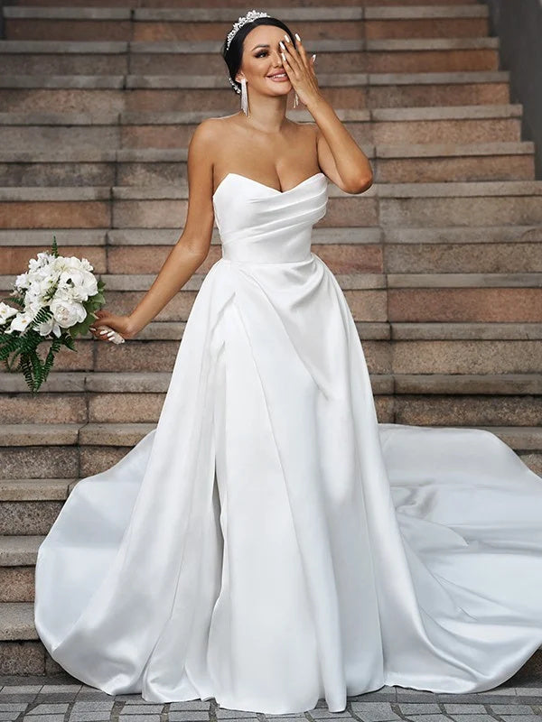 A-Line/Princess Satin Sweetheart Sleeveless Wedding Dresses Long Bridal Dresses DM1825