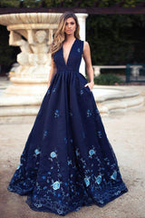 navy blue dama dresses A-Line Deep V-Neck Long Prom Dress with Appliques Pockets – Demodresses Size:32 annem1001 Sleeveless Mesh Panel Mini Lace navy blue dress
