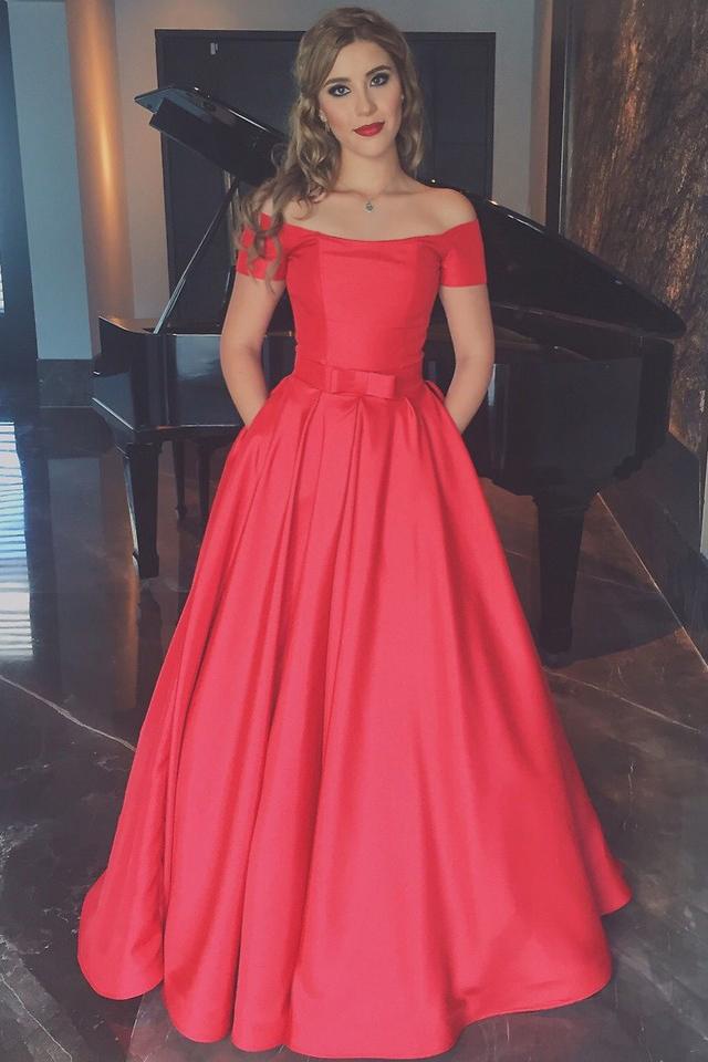 Coral Short Sleeves Off the Shoulder Ball Gown Prom Dress With Pocket Demodresses Coral Short Sleeves Off the Shoulder Ball Gown Prom Dress With Pocket Demodresses