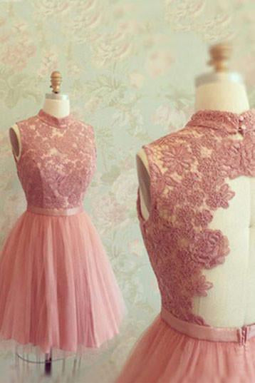 High neck Prom Dresses,A Line Homecoming Dresses,Pink Homecoming Dresses,Short Prom Dresses,Tulle Prom Dresses,Gorgeous Prom Dresses,Graduation Dresses,Sweet 16 Dresses,Appliques Homecoming Dresses,Homecoming Dresses Stunning