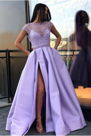 Light Purple A Line Satin Slit Cap Sleeves Prom Dresses With Pockets DME52