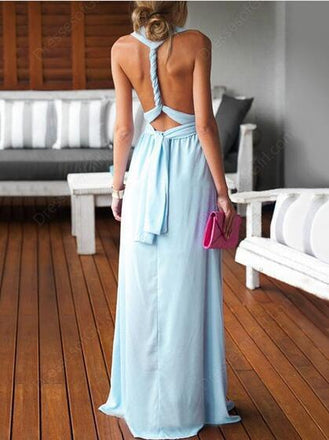 Sheath/Column V-neck Chiffon Floor-length Ruffles Blue Backless Sexy Prom Dresses DM182