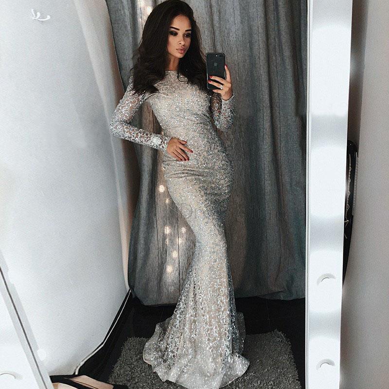 Mermaid Bateau Sliver Lace Long Sleeves Evening Prom Dress with Sequins DMF33