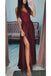Burgundy A Line V-Neck Long Spaghetti Strap Split Prom Dresses With Lace DMH74