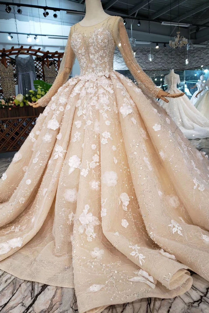 Princess Long Sleeves Ball Gown Wedding Dresses, Floral Appliques Wedding Gown DMJ95