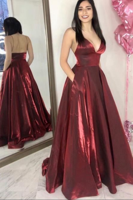 Simple A-Line Spaghetti Straps Floor-Length Burgundy Prom Dress with Pockets DMN22