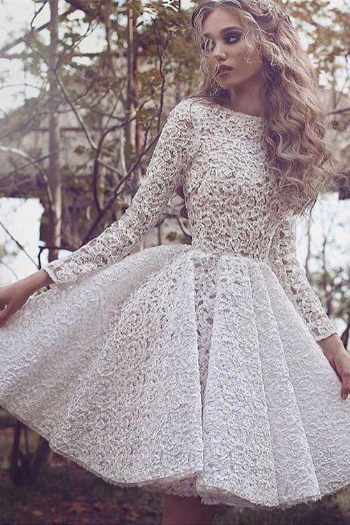 Chic Lace Scoop Long Sleeve Ivory Short Homecoming Dress Prom Party Dress DME2