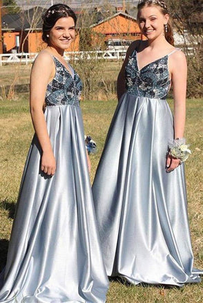 A-Line Spaghetti Straps Backless Blue Popular Prom Dress with Beading,Bridesmaid Dresses DMH53