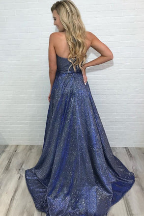 Deep V Neck Sparkly Long Sexy Prom Dresses With Slit Spaghetti Straps Formal Dresses DMS9