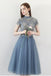 Blue A Line Tulle Short Sleeves High Neck Appliques Homecoming Dresses DMC5