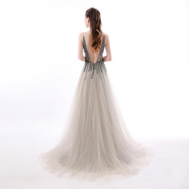 Sexy A Line Sequin Tulle Long V Neck Backless Formal Prom Dresses DMC1