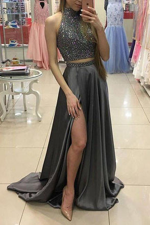 Sexy Two Pieces Beading Gray High Slit Chiffon High Neck Prom Dress stunning DM102