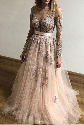 A Line Tulle Long Sleeves Appliques Cheap Prom Dresses DMF61