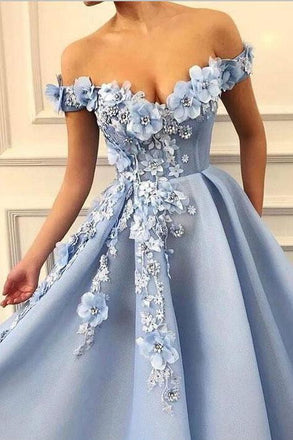 Blue Off Shoulder Flower Appliques A-line  Long Modest Beautiful Prom Dresses DMH13