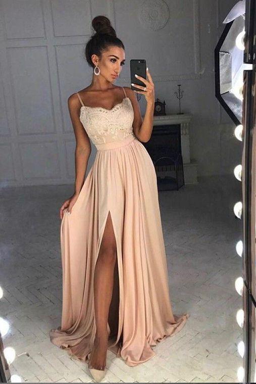 Simple Spaghetti Straps Lace Top Side Split Long A Line Prom Dresses – Demodresses Simple Spaghetti Straps Lace Top Side Split Long A Line Prom Dresses – Demodresses