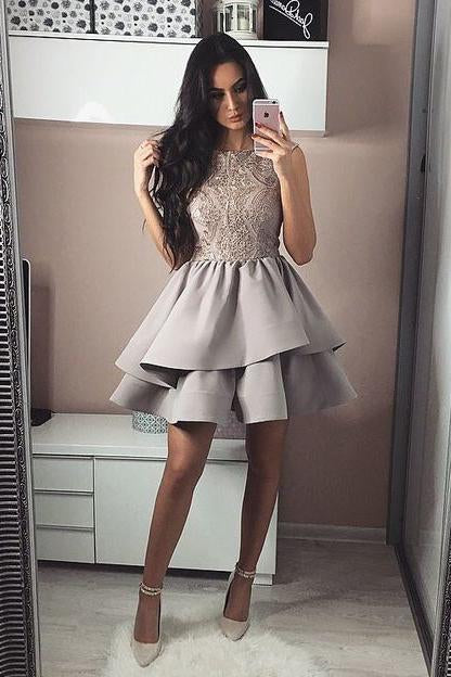 Bateau A Line Tiered Grey Satin Short Homecoming Party Dress with Lace DMB40