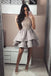 Bateau A Line Tiered Grey Satin Short Homecoming Party Dress with Lace DMB40