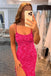 Hot Pink Sequin Prom Dresses with Slit Mermaid Spaghetti Strap Evening Dress DMP285