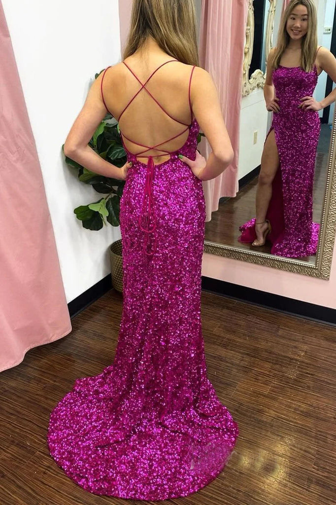 Hot Pink Sequin Prom Dresses with Slit Mermaid Spaghetti Strap Evening Demodresses Hot Pink Sequin Prom Dresses with Slit Mermaid Spaghetti Strap Evening Demodresses