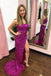 Hot Pink Sequin Prom Dresses with Slit Mermaid Spaghetti Strap Evening Dress DMP285