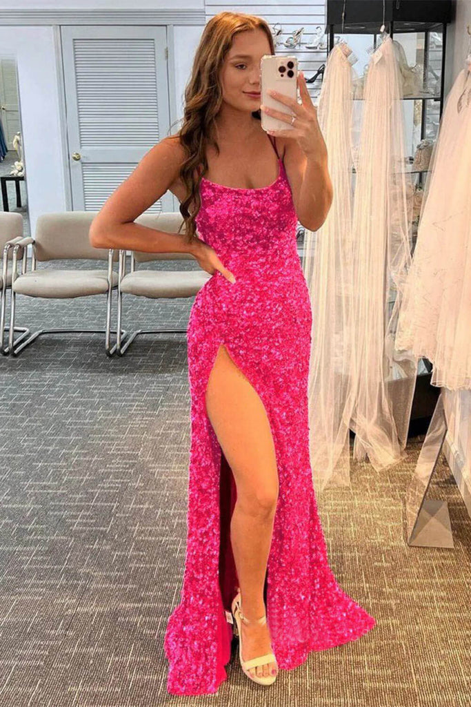 Hot Pink Sequin Prom Dresses with Slit Mermaid Spaghetti Strap Evening Dress DMP285