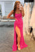 Hot Pink Sequin Prom Dresses with Slit Mermaid Spaghetti Strap Evening Dress DMP285