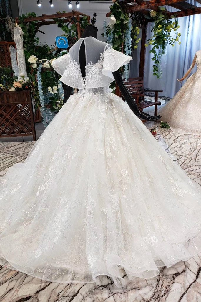Elegant Ball Gown Big Wedding Dresses, Appliques Bridal Dress with Short Sleeves DMN73