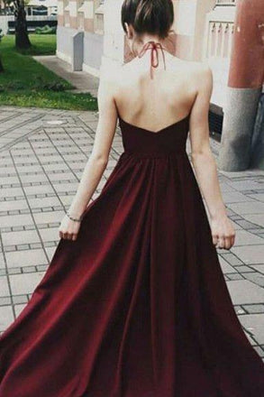 Sexy Halter Dark Burgundy Long Sleeveless Prom Dresses with Appliques DM733