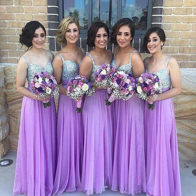 A Line Chiffon Beading Bridesmaid Dresses,Spaghetti Straps Long Bridesmaid Dress DM116