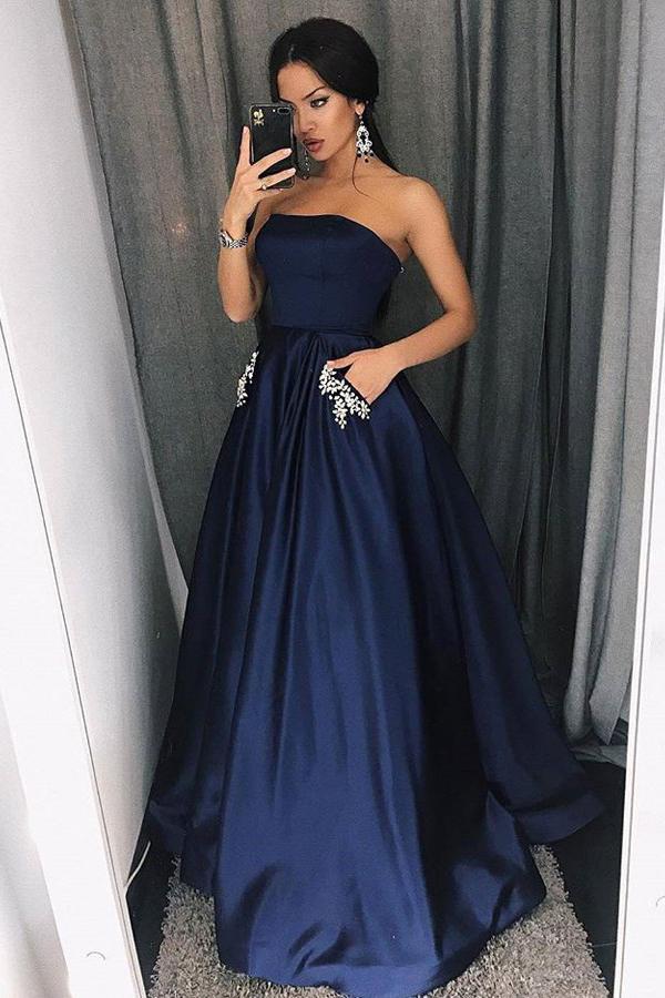 Simple A-Line Strapless Floor-Length Dark Blue Prom Dress with Pockets Beading DMI98