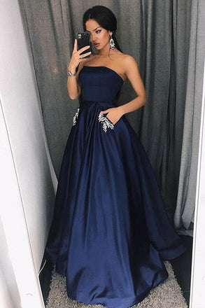Simple A-Line Strapless Floor-Length Dark Blue Prom Dress with Pockets Beading DMI98