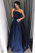 Simple A-Line Strapless Floor-Length Dark Blue Prom Dress with Pockets Beading DMI98