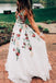 A Line V Neck Flower Appliques Prom Dresses, Long Evening Dresses DMG76