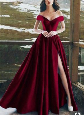 Elegant V-neck Off The Shoulder Long Satin Prom Dresses With Slit DME43