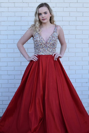 Unique Prom Dresses,V Neck Prom Gown,Red Evening Dress,A Line Prom Dress