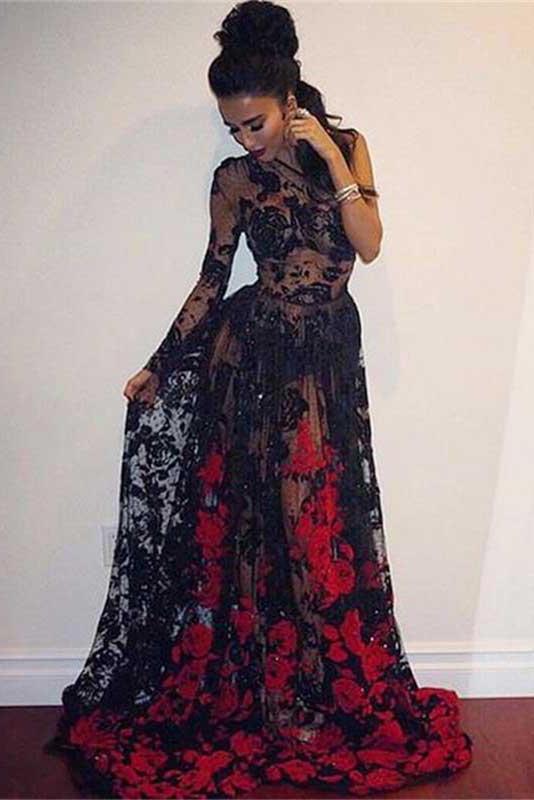 A-line One Shoulder Floor-length Long Sleeve Black Lace Prom Dress Demodresses A-line One Shoulder Floor-length Long Sleeve Black Lace Prom Dress Demodresses