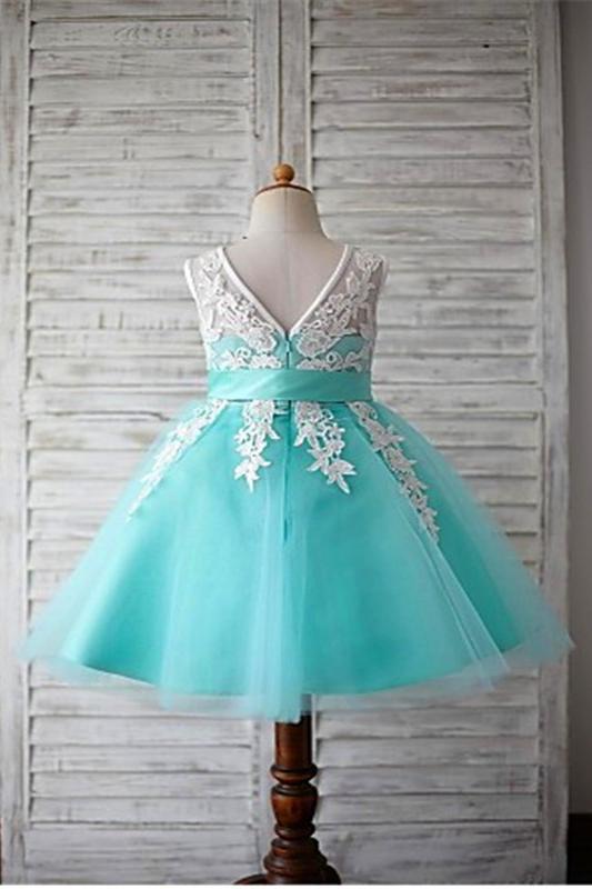 Blue Ball Gown Scoop Sleeveless Bowknot Floor-Length Tulle Appliques Flower Girl Dresses DM722