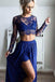 Royal Blue stunning Two Piece Lace Chiffon Long Sleeves Lace Prom Dress with Slit DM181