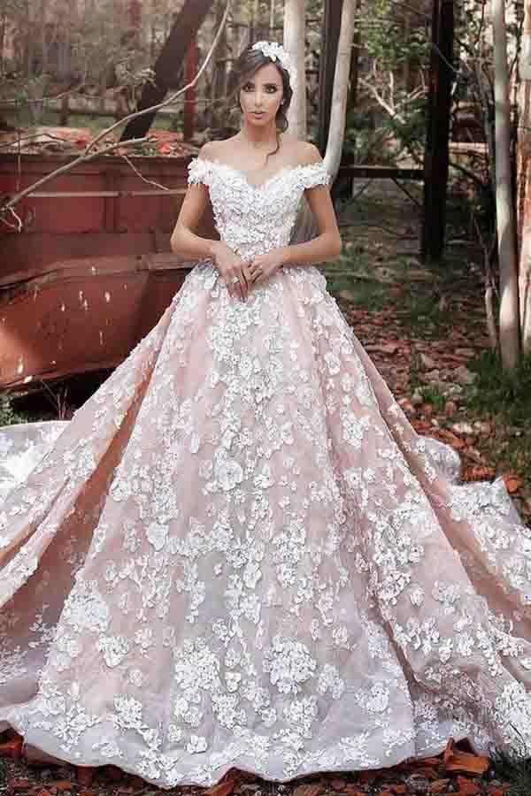 Luxurious Off Shoulder Watteau Train Formal Lace Blush Wedding Dresses Demodresses Luxurious Off Shoulder Watteau Train Formal Lace Blush Wedding Dresses Demodresses
